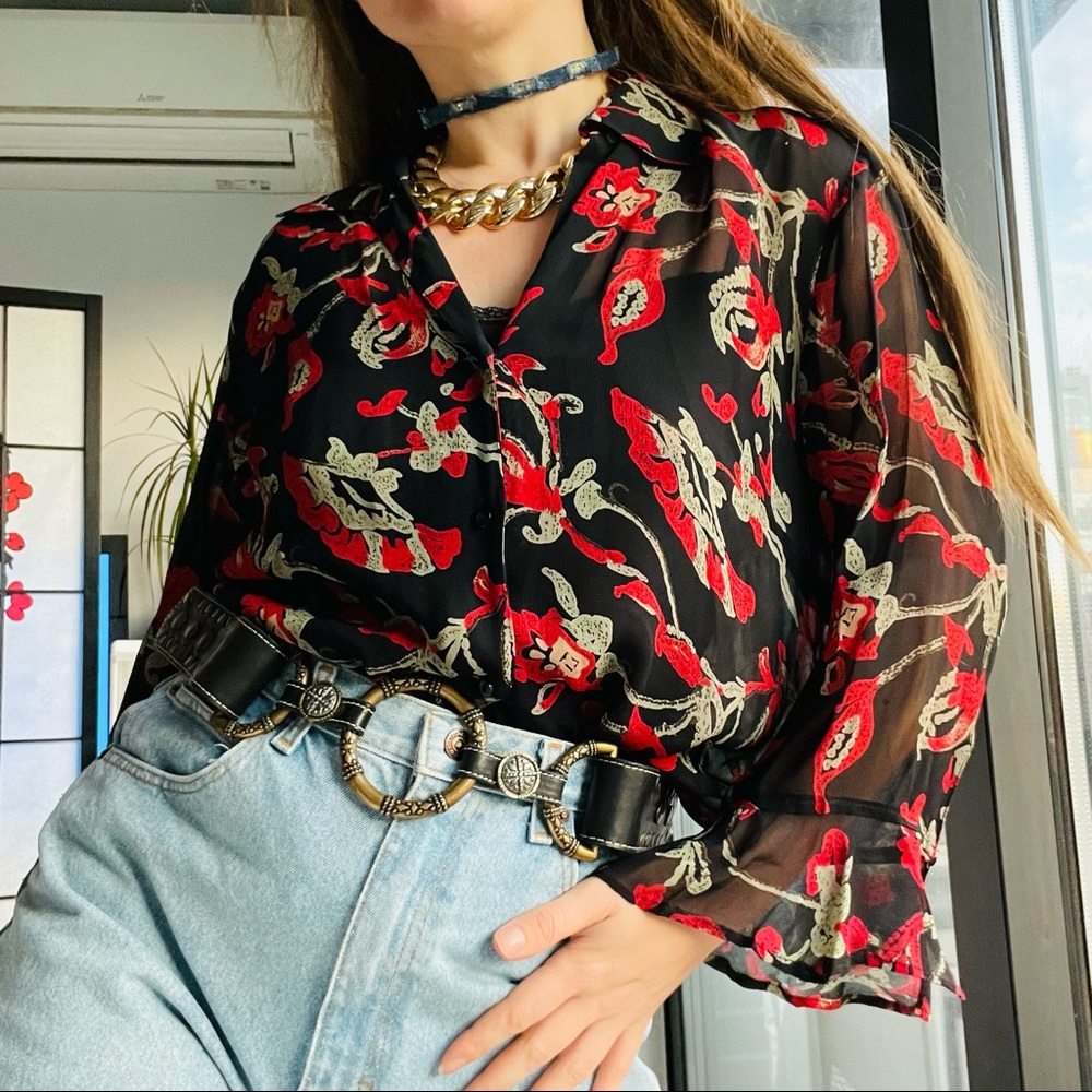 CDC Caren Desiree Company Y2K 80s French Style Floral Casual Sheer Top Blouse